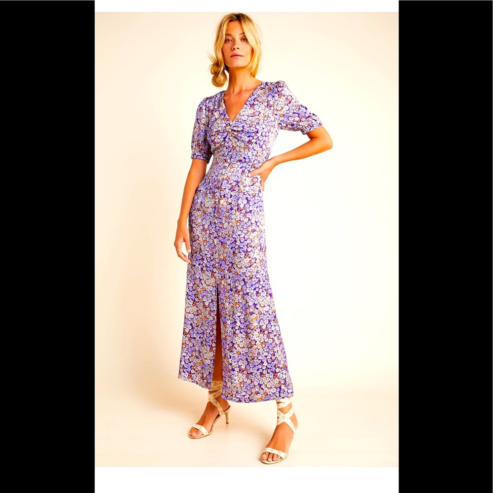 Anthropologie Patrizia purple floral maxi silky midi dress puff sleeve v neck